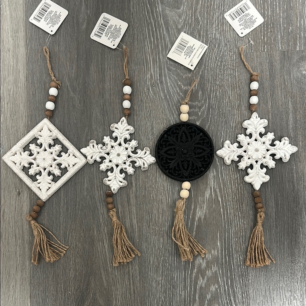 NWT 4 Rustic White & Black Wooden Tassel Wall Decor